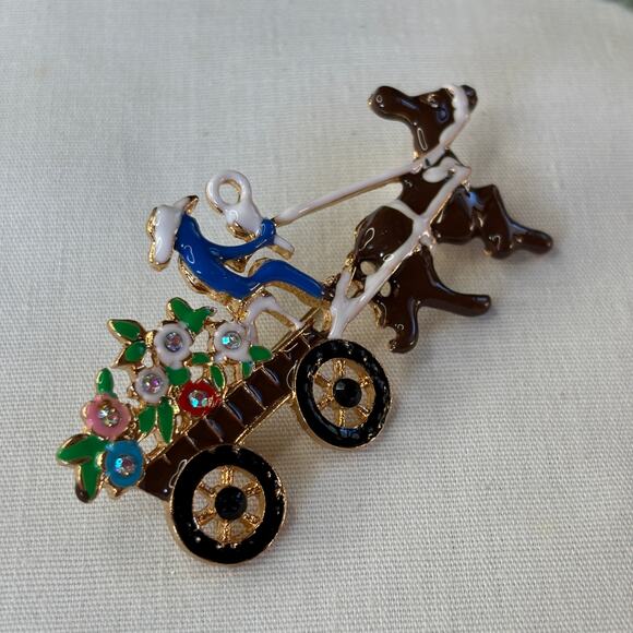 Flower Cart & Driver With Horse Brooch Pin Retro Old Fashioned Style NWT - Picture 6 of 6